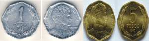 Monedas 1 y 5 pesos