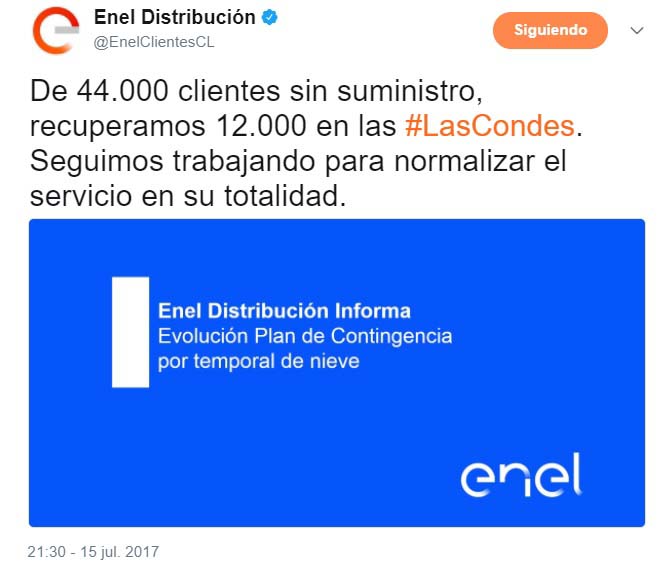 Enel en sus mensajes de Twitter calificaba como "Temporal de nieve" la nevazón, a modo de justificación por su demora en reposición de servicio.