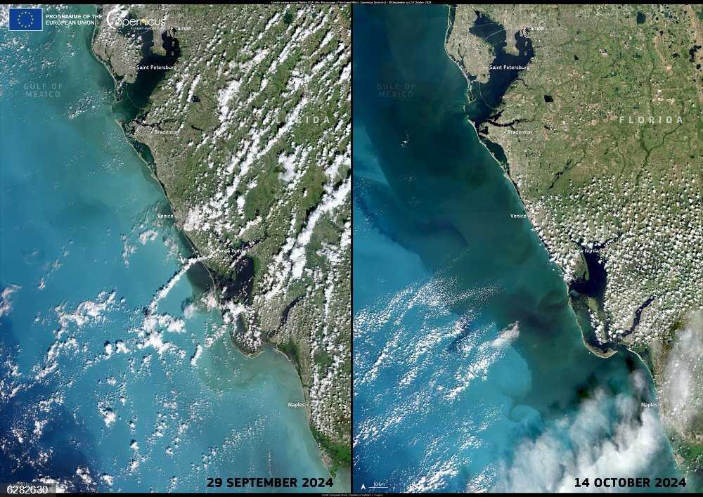 Copernicus elige como imagen del día la costa oeste de Florida antes y después del huracán 'Milton'