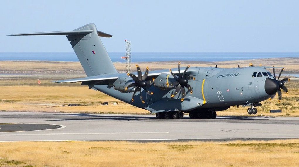 Avión de transporte A400M Atlas de la RAF en Falkland enero 2026