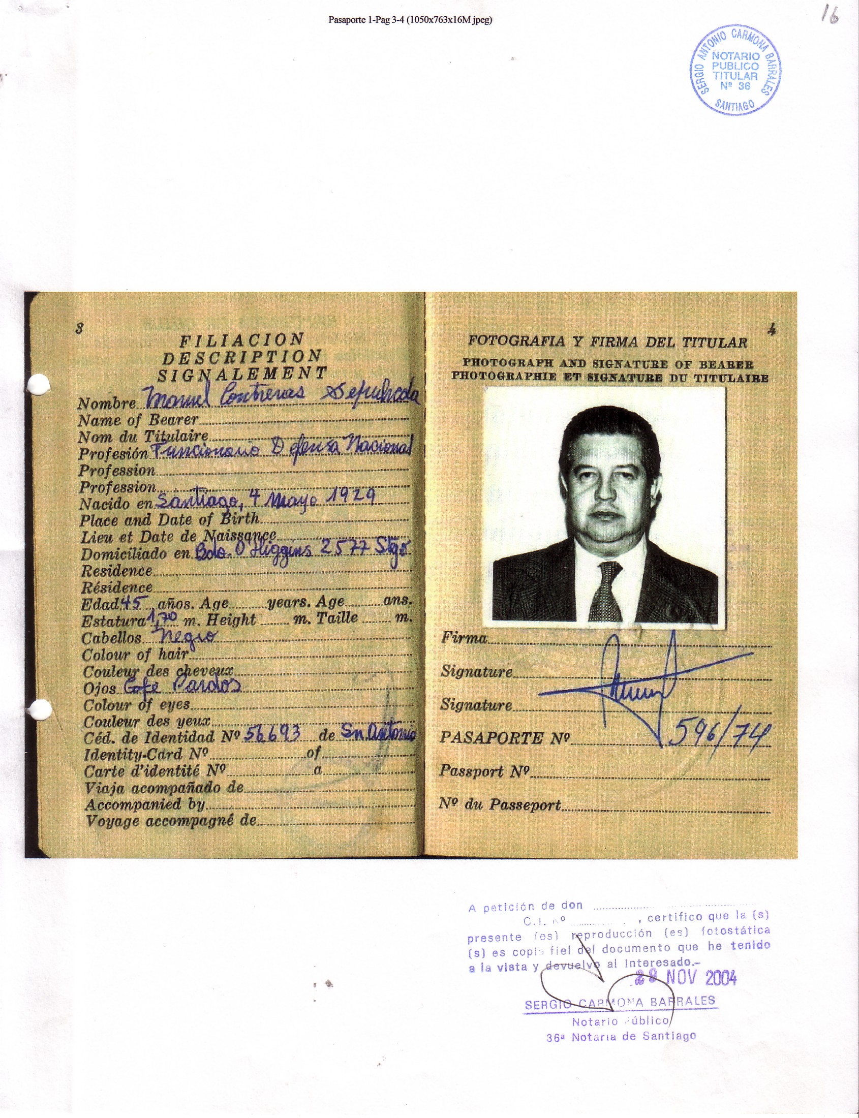 Documento gráfico: El pasaporte del “Mamo” Contreras