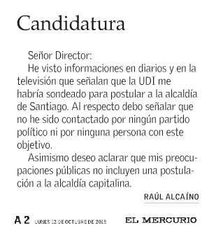 La carta en la que Alcaíno dijo que NO iría de candidato a alcalde por Santiago. Está pensando en La Moneda.