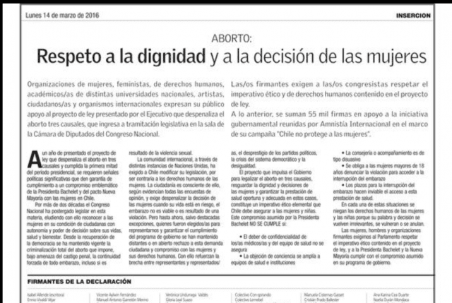 La Segunda publica inserto con miles de firmas en apoyo al proyecto de Aborto en Chile
