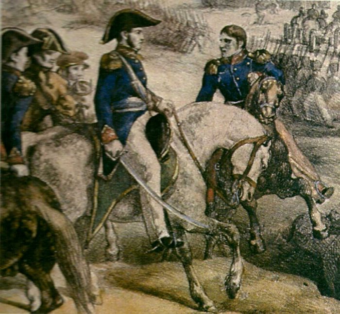 O'Higgins con San Martín, litografía coloreada de Jean Théodore Gericault fechada en 1819.