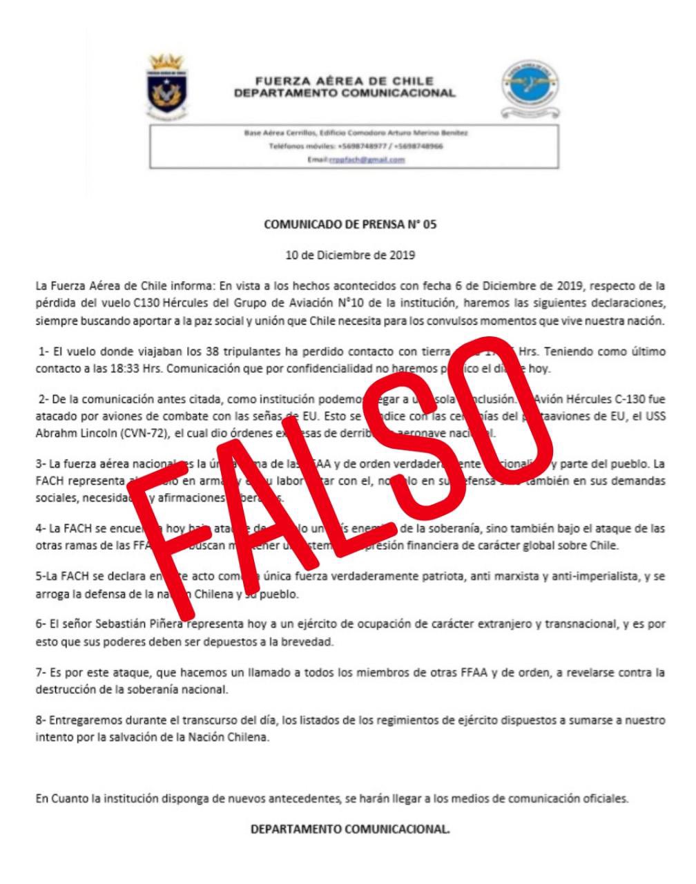 Fach Desmiente Delirante Falso Comunicado Que Acuso A Ee Uu Del Derribo De Avion Hercules Que Iba A La Antartica Infogate